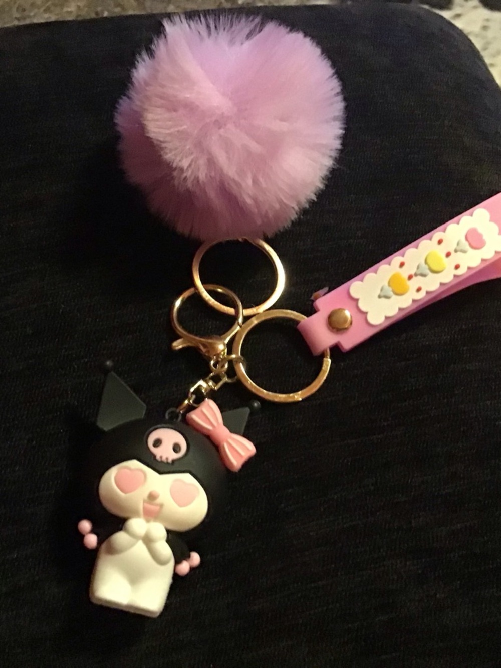 Pink Pom-Pom Kuromi Style Keychain